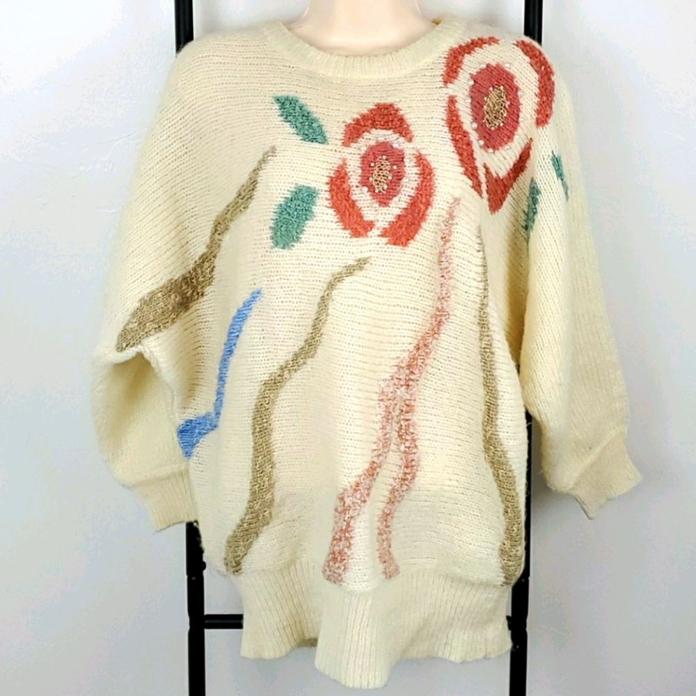 Vintage 20 ANS by Mariea Kim Floral Knit Sweater Women Size L Long Sleeve